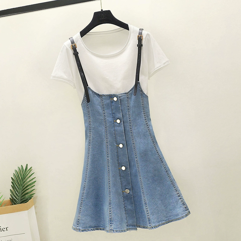 2020 xuân hè mới denim đình chỉ váy nhỏ eo cao mỏng một váy ngắn dây đeo váy phù hợp với nữ - A-Line Váy