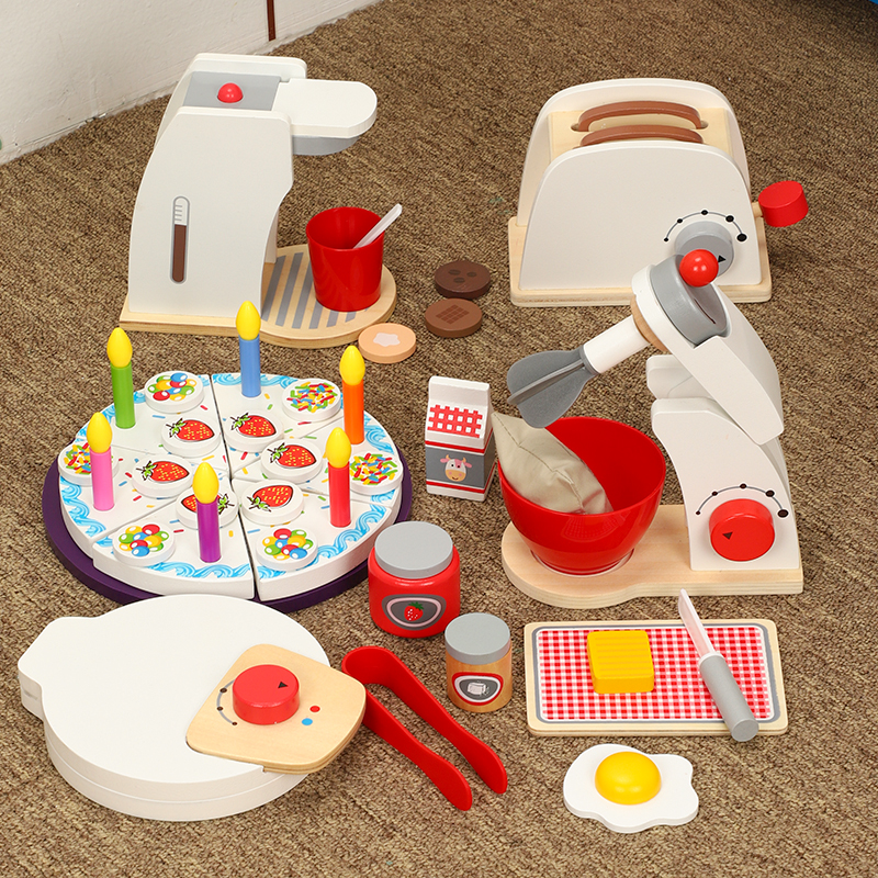 Children's simulation play house wine wooden mixer coffee machine combination bread machine cut music hands-on toys 2-6 years old