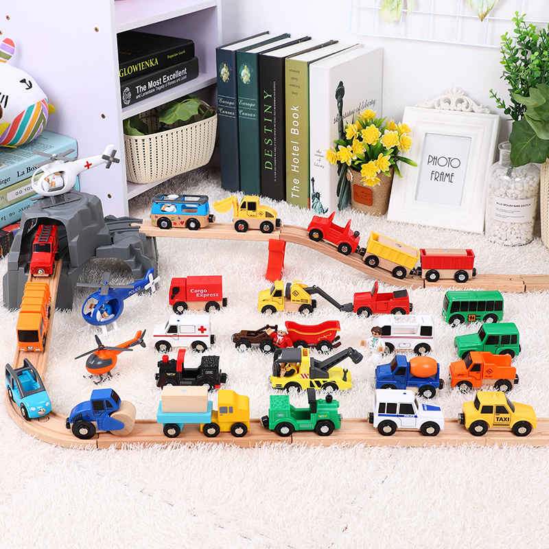 Le Cool Woody Multifunctional Magnetic Dolly Ambulance Police Car Compatible with Mirabbit BRIO Wood Track