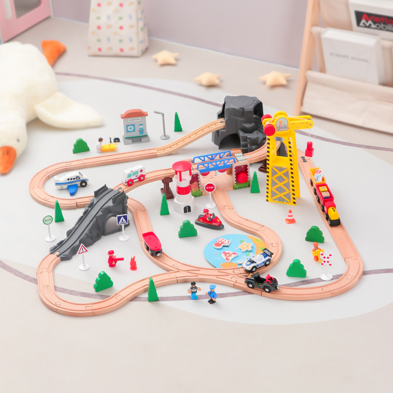Kids wooden suspension bridge assembled building block track set electric little train cave tunnel 3-6 years old boys gift