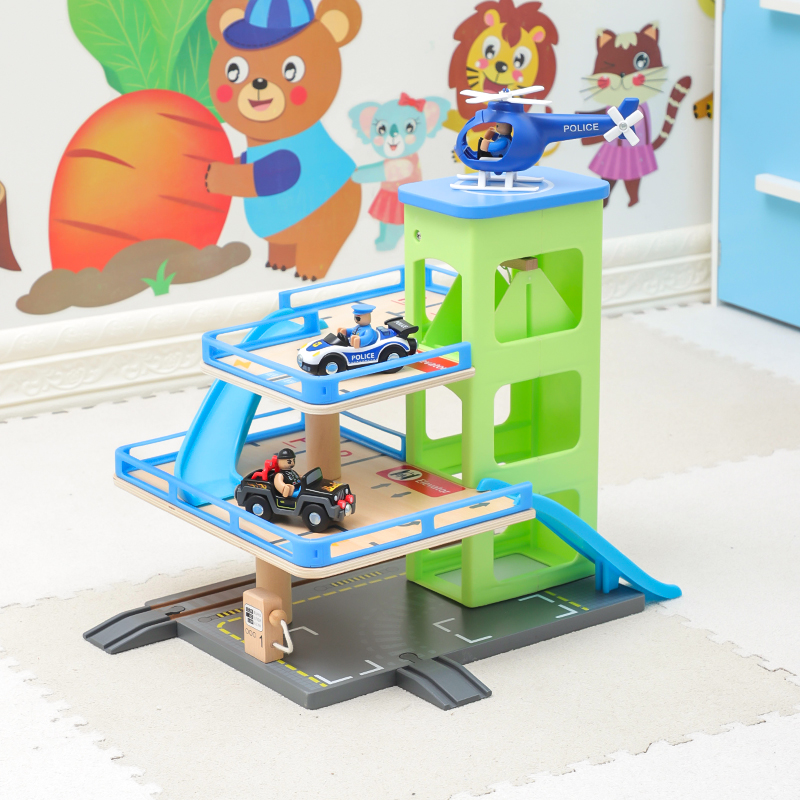 Le Cool Children Wooden Simulation Lift Elevator Parking Place Parking Scene Compatible with Wooden Little Train Rail Toys