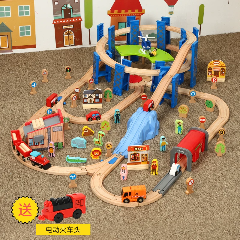 Wooden train railed, parking rack, set, toy, constructor