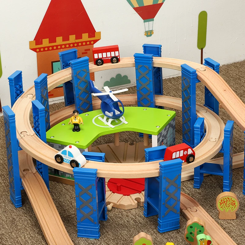 Wooden train railed, parking rack, set, toy, constructor