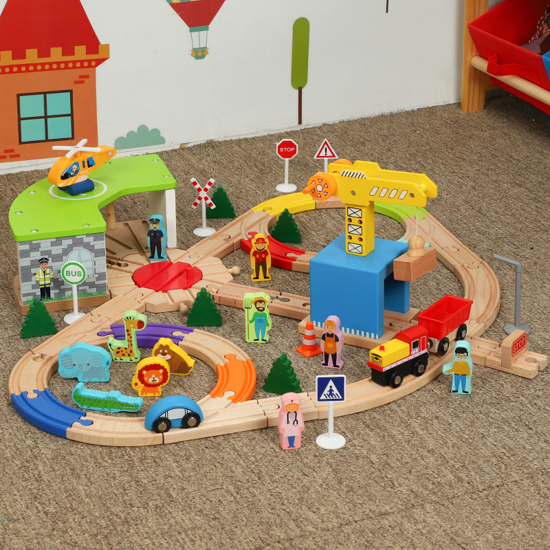 Le Cool Wooden Garage Small Train Building Blocks Magnetic Locomotive Children Toys Compatible Wooden Rice Rabbit Millet