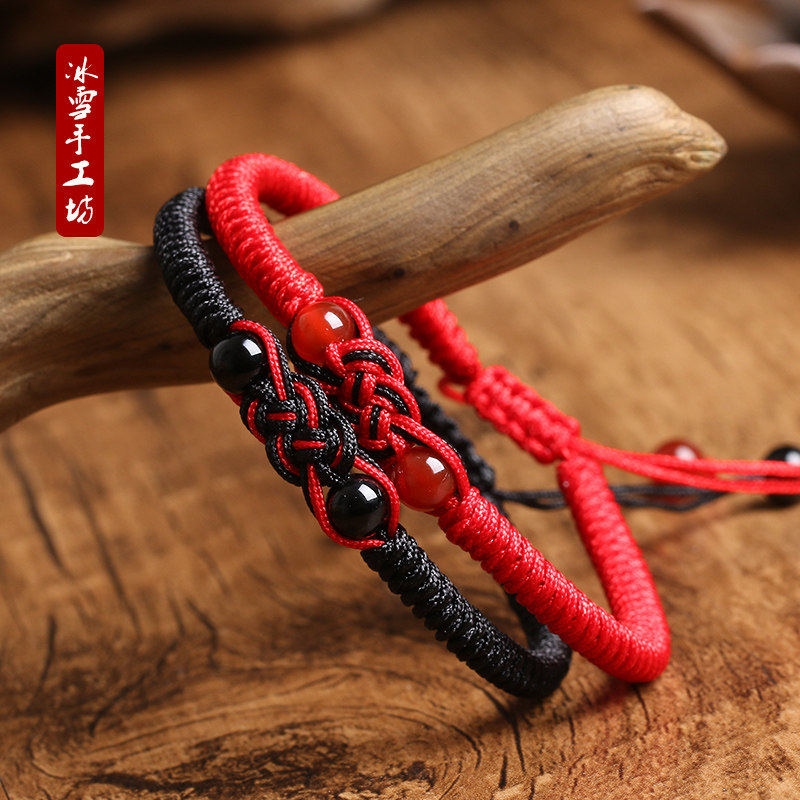 Red rope hand-knot female natal year concentric knot couple model simple ethnic style King Kong knot hand-woven hand rope male