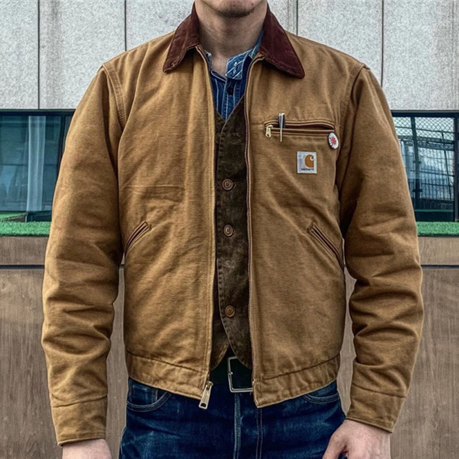 The God of Workwear! Detroit Carhartt J97 Style Suede Tobacco-Colored Genuine Sheepskin Leather Jacket for Men