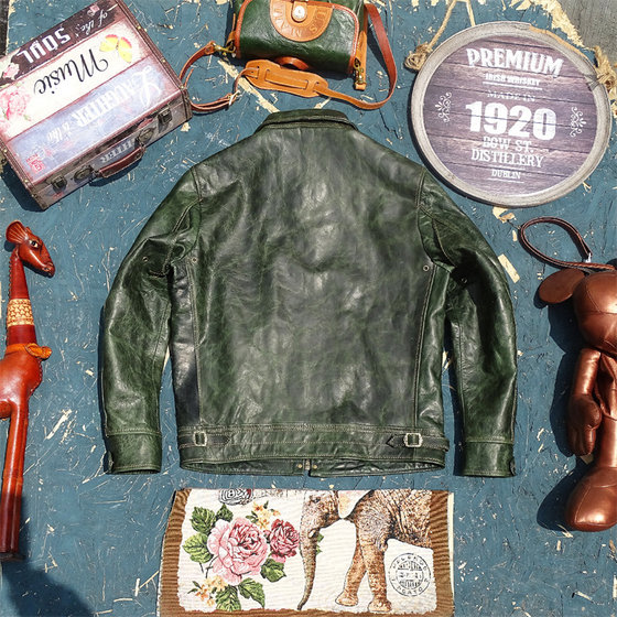 穆赫兰道原版！植鞣蜡染无涂油绿色小幼马皮真皮皮衣男翻领修身款