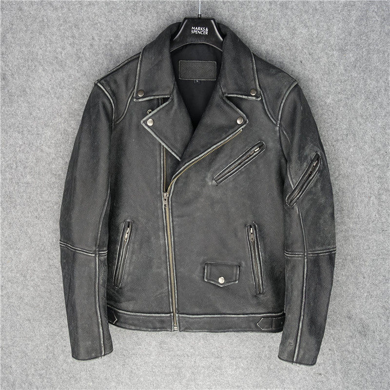 Autumn Winter New Import Old Cow Leather Leather Clothing Men's Heavy Locomotive Clothes Bicolor Tea Core Polished Sides Make Old Grey Motofu-Taobao