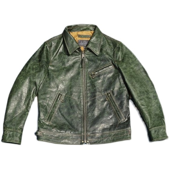 穆赫兰道原版！植鞣蜡染无涂油绿色小幼马皮真皮皮衣男翻领修身款