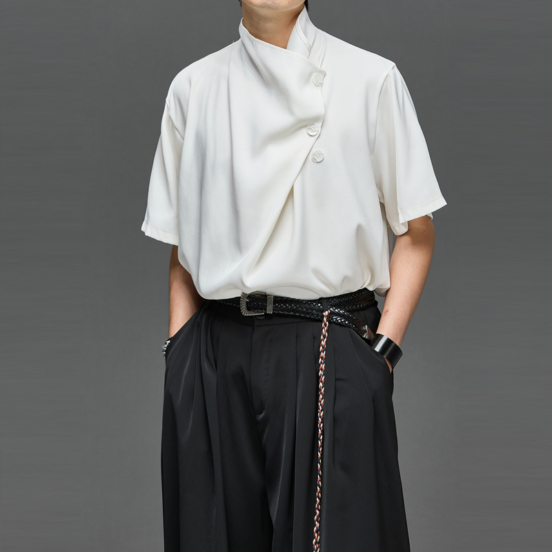 Summer Dark Style Designer Loose Fit Unique Cut Half-High Collar Five-Point Short Sleeve Shirt T-Shirt for Men