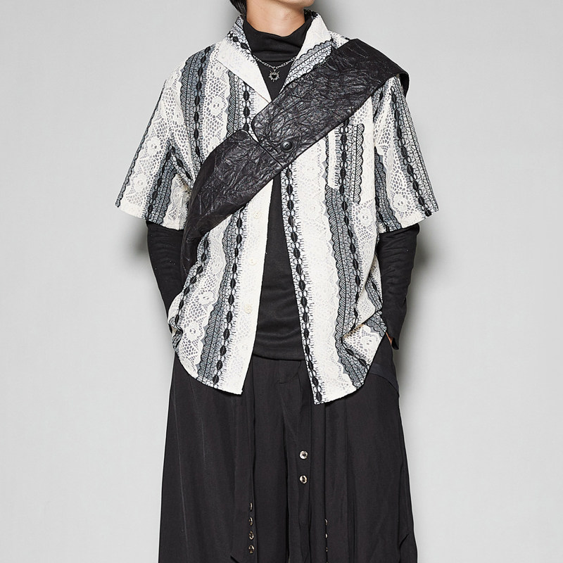 Style Lazy Hollowed-out Personality Small Crowdcollision Color Loose 50% sleeves Half sleeves Mountain Benyao Wind Shirt Men Lining-Taobao