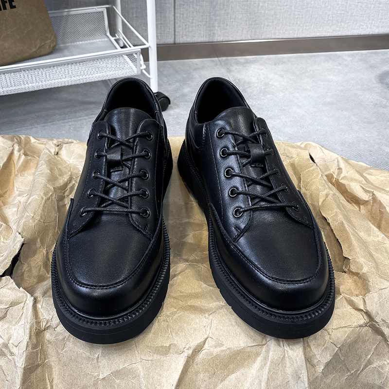 Summer small leather shoes men's breathable round toe black teenager British students inner heightened casual leather men's shoes