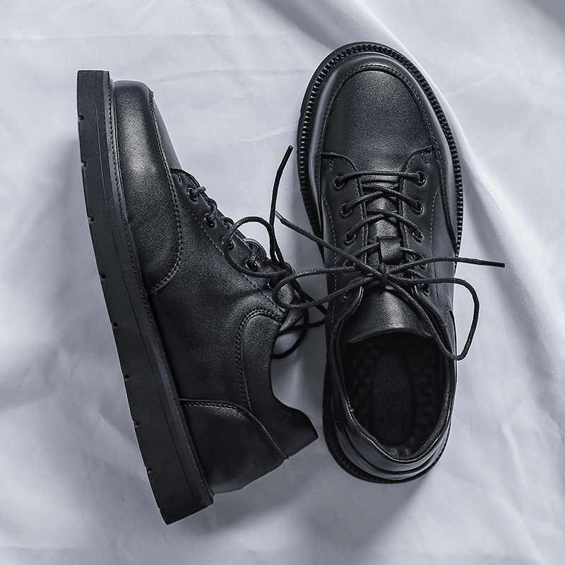 Casual shoes men's spring and autumn models inner heightened leather thick bottom round toe British style youth black sports small leather shoes men