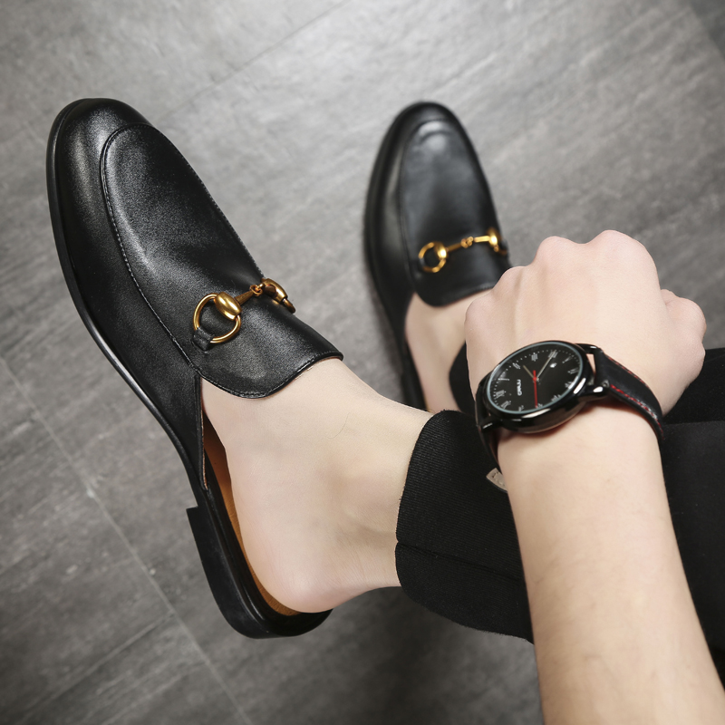 Summer men's set feet without heel tide slippers Korean version of the British leather leather drag a pedal pea shoes half slippers men