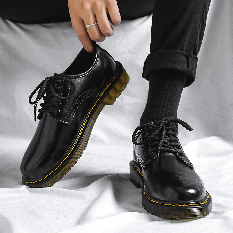 Martin boots men's low top trendy all-match Korean style big head students British style round toe small leather shoes black tooling men's shoes