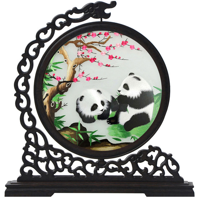 Su embroidery double-sided embroidery decoration painting finished product solid wood panda Suzhou hand embroidery table screen peony flower Chinese screen