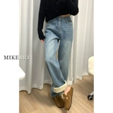 Утепленные прямые свободные джинсы, демисезонные штаны, высокая талия, большой размер, свободный крой, для формы тела «груша»