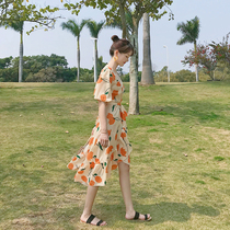 2021 summer temperament small fresh V-neck waist vintage dress net red floral dress medium long Chiffon skirt for women