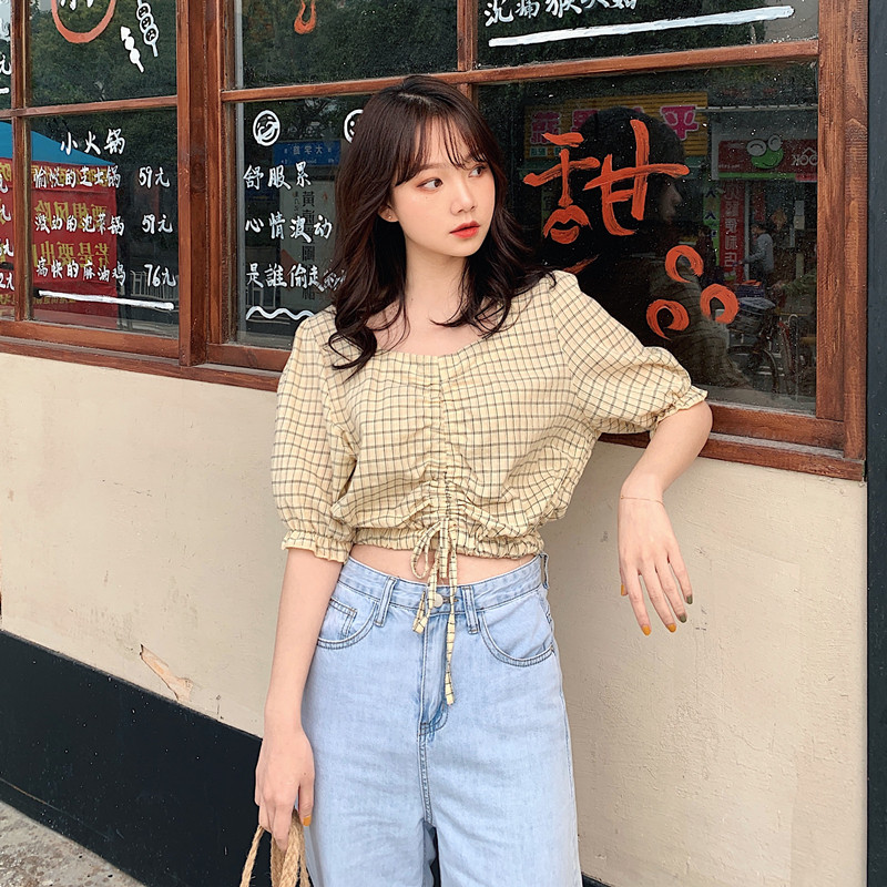 Clear cabin square collar blouses woman 2022 Summer fresh and sweet draw rope short Plaid Cotton Linen Shirt Bubble-Blister Sleeves