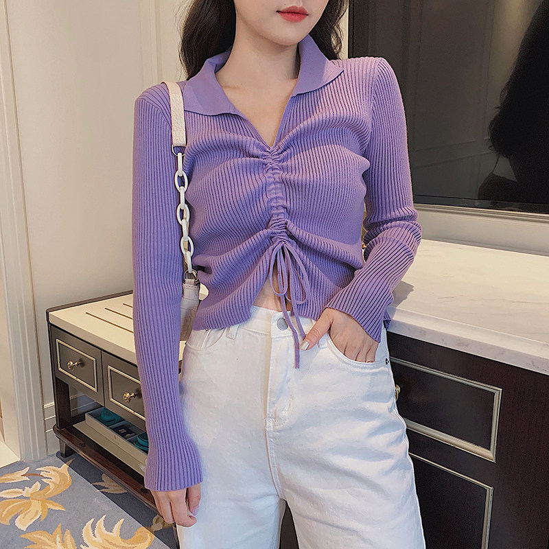 Knitwear women 2022 spring new gentleness and soft glutinous turtlenecks V collar slim fit slim fit drawing rope blouses