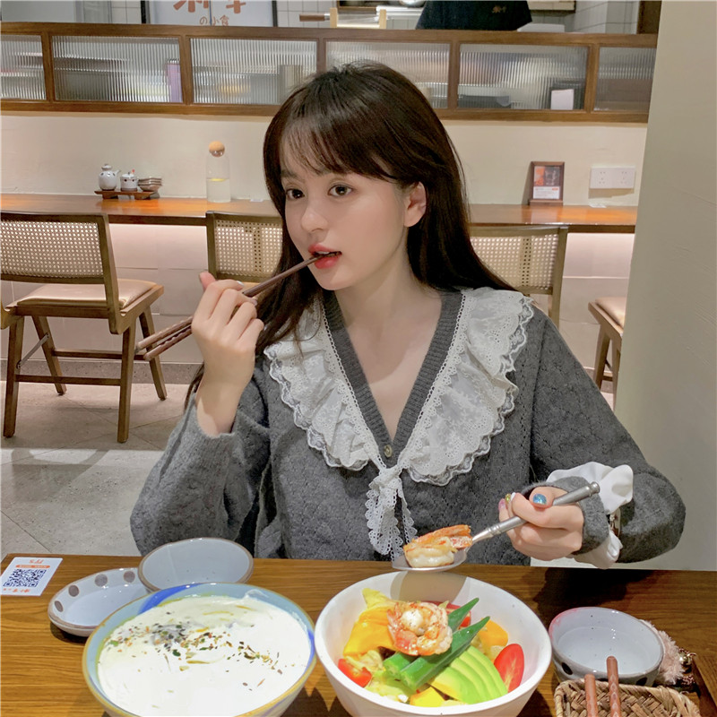 Doll Collar Sweater Women Early Spring Cute Sweet Beauty Lace Side V Collar Knit Cardiovert Coat Japan Gentle Blouse