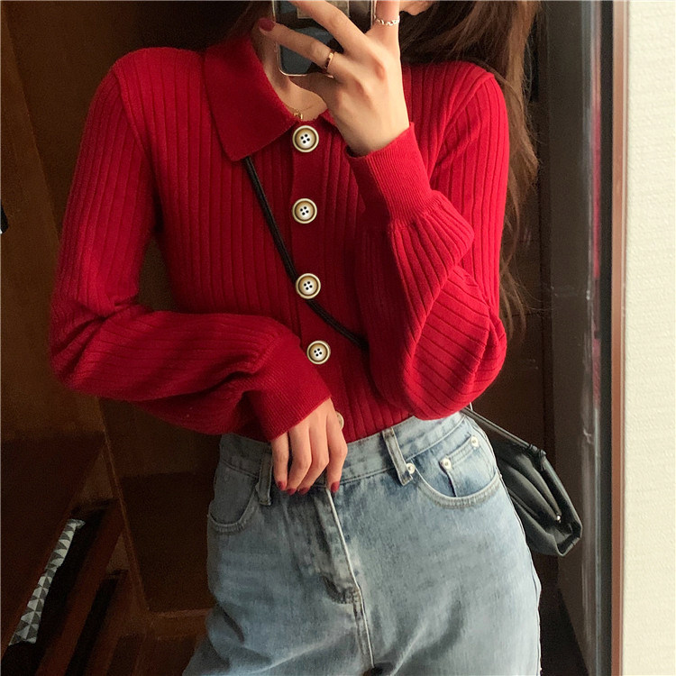 Red sweater women's spring autumn 2022 Ben's new Polo collar knit with undershirt and thick body blouse