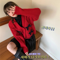 New year red bow sweater female spring and autumn 2021 New Gentle Japanese sweet age reduction short twist cardigan thick