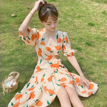 Floral Dress Spring Summer 2022 New French Long Dress V-neck Slim Waist Bubble Sleeve Lotus Breasted Chiffon Skirt