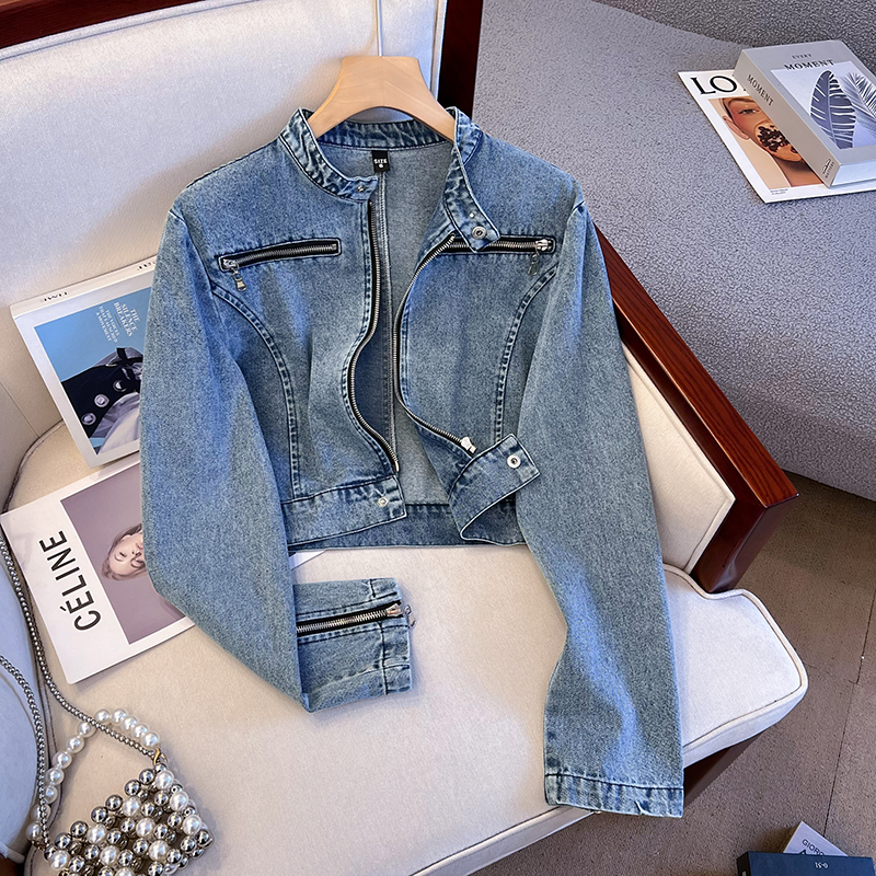 Guangzhou Thirteen Rows High-Quality Popular Item~ Hong Kong Style Retro Zipper Denim Jacket for Women, Short Style for Petite Figures, Suitable for Spring and Autumn