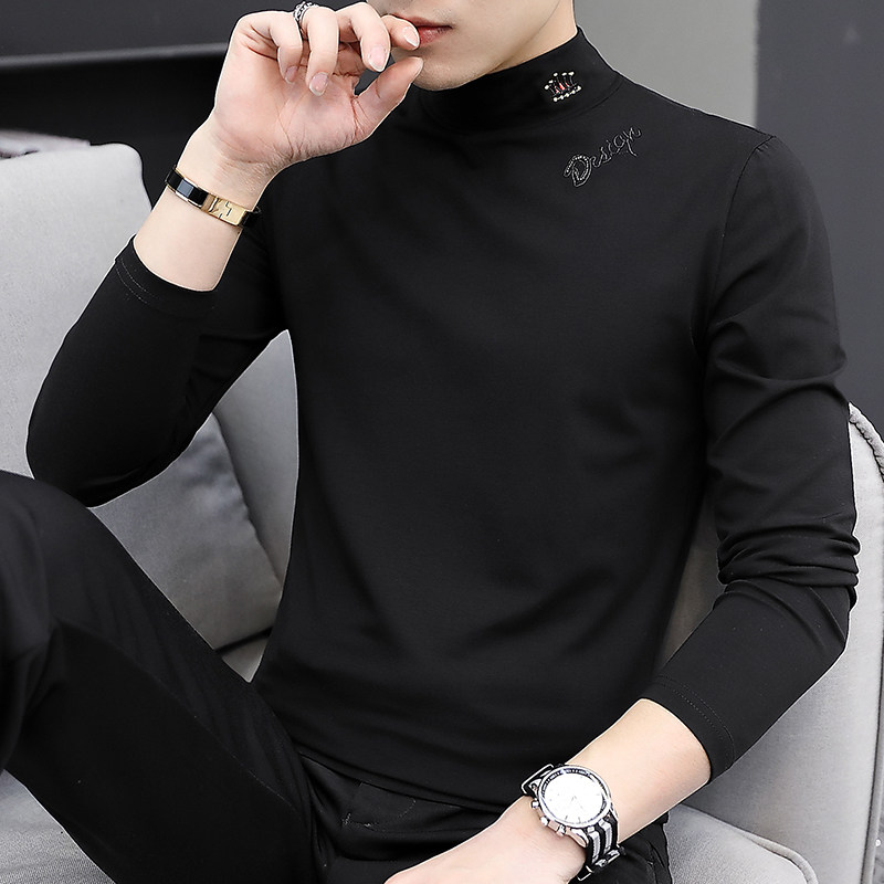 Korean version half turtleneck bottoming shirt men's autumn and winter plus velvet embroidery long-sleeved trend slim cotton mid-neck modal T-shirt