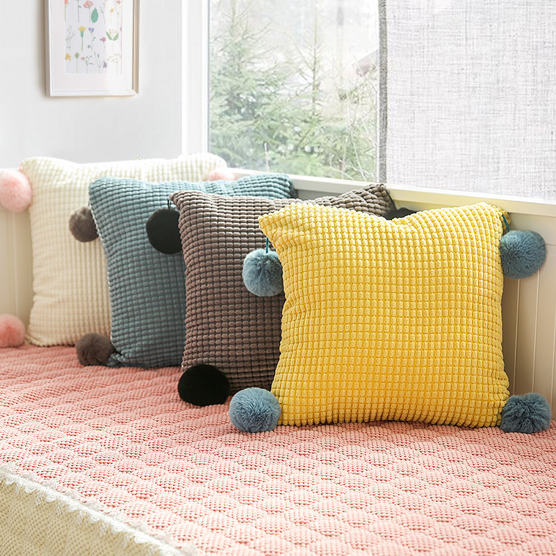 Nordic ins net red cute fur ball pillow corduroy plush cushion with core square four seasons sofa waist pillow