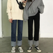 Thick thigh girls show thin pants fat mm2021 autumn and winter new large size loose jeans female Korean version of the student