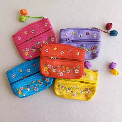 Korean women's short clip fabric coin purse coin bag bus card bag Korean National satin embroidered wallet