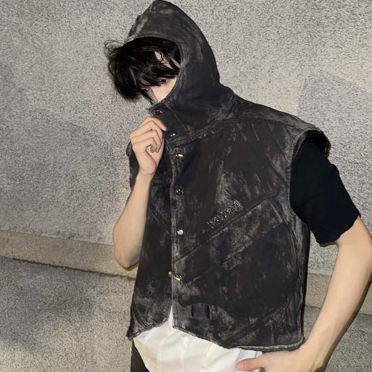 Desaturate Sleeveless Padded Vest Tie-Dye Vintage Washed Distressed High Street Loose Hooded Vest Jacket