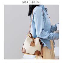 Advanced sense Contrast color leather large capacity bucket bag women 2021 new fashion niche cowhide shoulder shoulder bag women