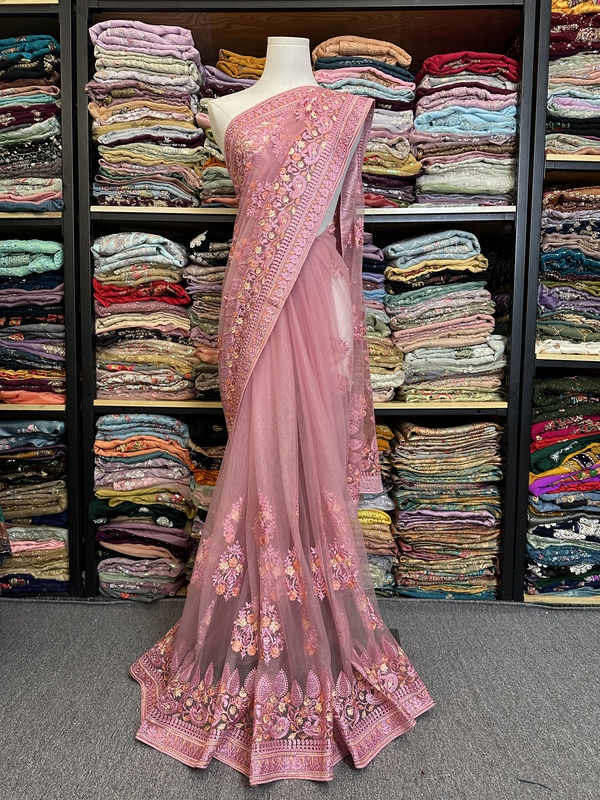 Indian-Nepalese Heavy Beaded 6m Saree, Peach Pink Embroidered Brand New Saree