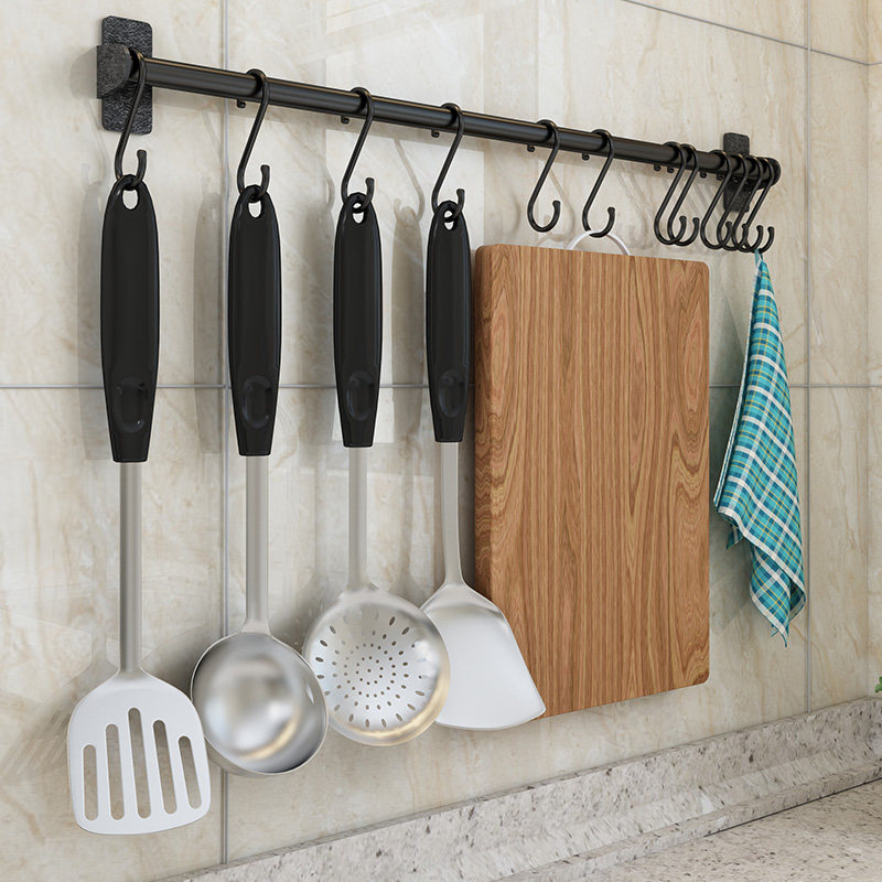 Kitchen hook rack free punching wall hanging rod strong viscose sticky hook storage rack wall storage shelf