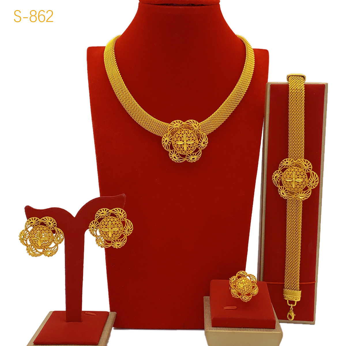 Cross-border hot-selling Dubai gold jewelry Middle Eastern ladies gift necklace earrings ring bracelet not easy to fade four-piece set