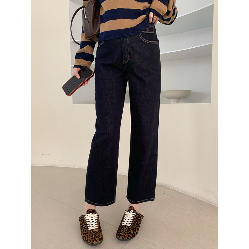 Dabai Dbai [Denim Pants] Vintage Simple High-Waisted Breathable Denim Jeans for Women, Autumn Versatile Straight-Leg Pants