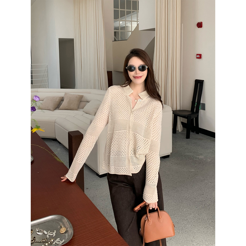 Dabai Dbai [Loose Weave] Sheep Wool Design Hollow Stand Collar Cardigan for Women, Summer Casual Versatile Jacket