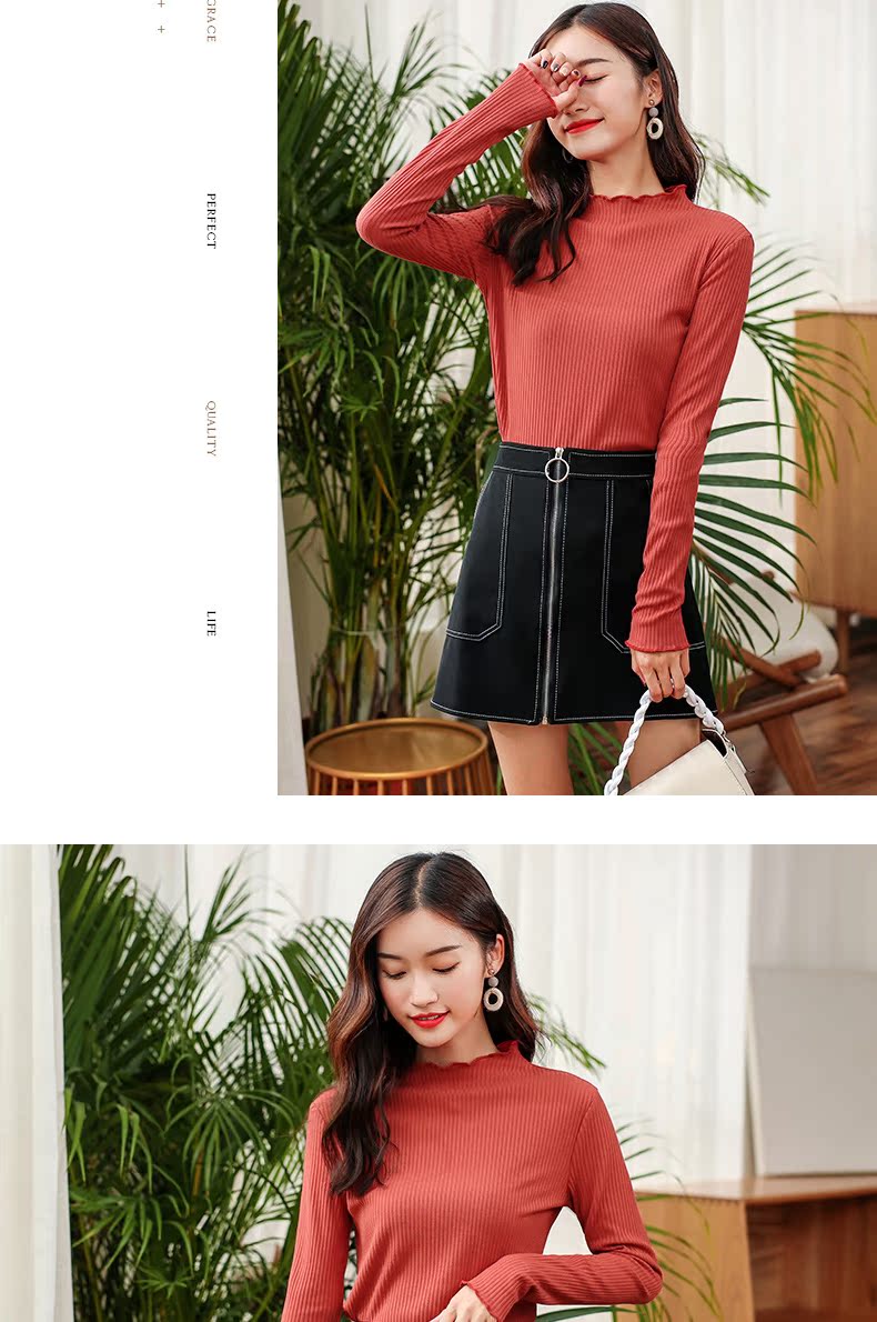 Ai Yiyi áo len mỏng của phụ nữ tay dài mùa thu một nửa cổ áo cao đáy áo sơ mi nữ áo len của phụ nữ ở cổ áo áo nữ công sở
