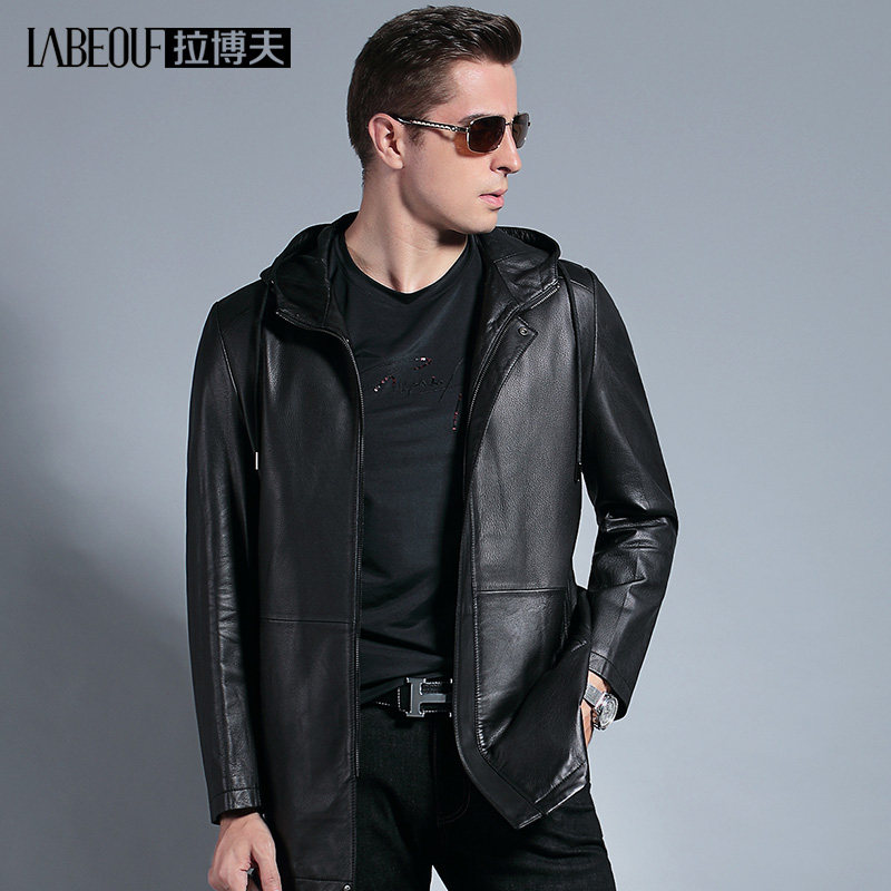 Labov medium and long version of sheepskin leather leather men's jacket Men's middle-aged motorcycle jacket Slim men's clothing