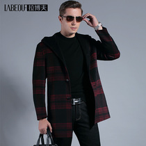 LaBov medium-length wool hooded coat mens business casual woolen coat brand mens jacket