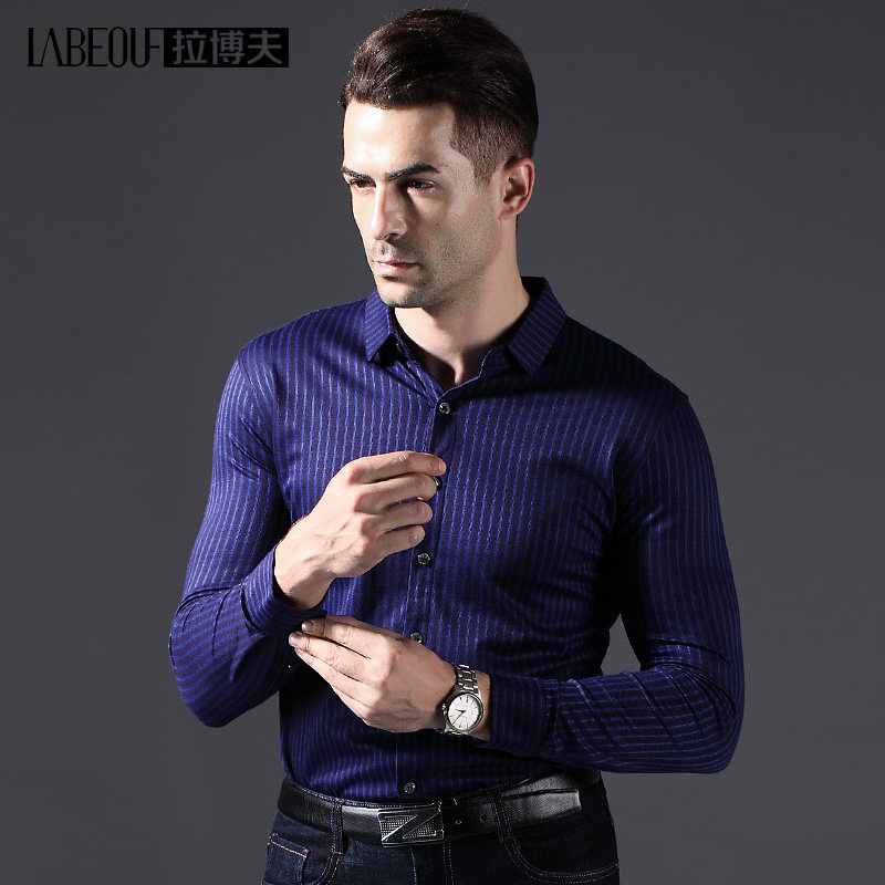 Labov 2021 spring and autumn long-sleeved shirt men's wool warm middle-aged men's business casual striped slim-fit shirt
