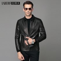 LaBov brand real goatskin leather mens dad leather jacket lapel short mens middle-aged motorcycle jacket