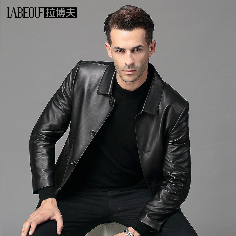 LaBeouf Labov Real Sheep Leather Leather Jacket Male Leather Jacket in Long Edition Business Fashion Middle Aged Coat
