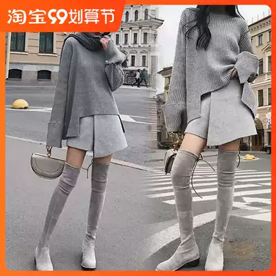 Small boots autumn and winter plus velvet boots 2021 New Women flat knee boots light gray stretch boots