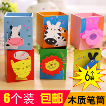 6-pack with sticky note clip Korean creative stationery Wooden cute painted animal Wooden pen holder Student prize