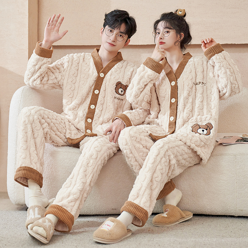 Pajamas for Couples, Fleece-Lined and Thickened, Autumn and Winter Coral Fleece, Cartoon Flannel, Men and Women Can Wear Outside, Home Wear Set