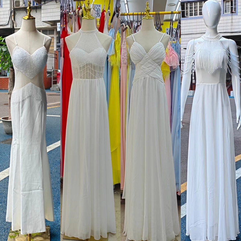 White Chiffon Hand-Sewn Ethereal and Flowy Nightclub Bar Ktv Model Runway Evening Dress, Tummy-Concealing and Slimming